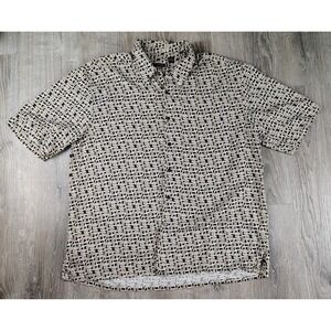 Visitor 100% Silk Shirt Mens XL Brown Geometric Print Short Sleeve Button